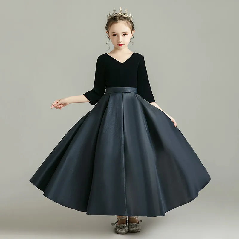 

New V-Neck Elegant Half Sleeves Ball Gown Pleat Satin Floor-Length Kids Party Communion Dresses Girl Dresses For Weddings A2205