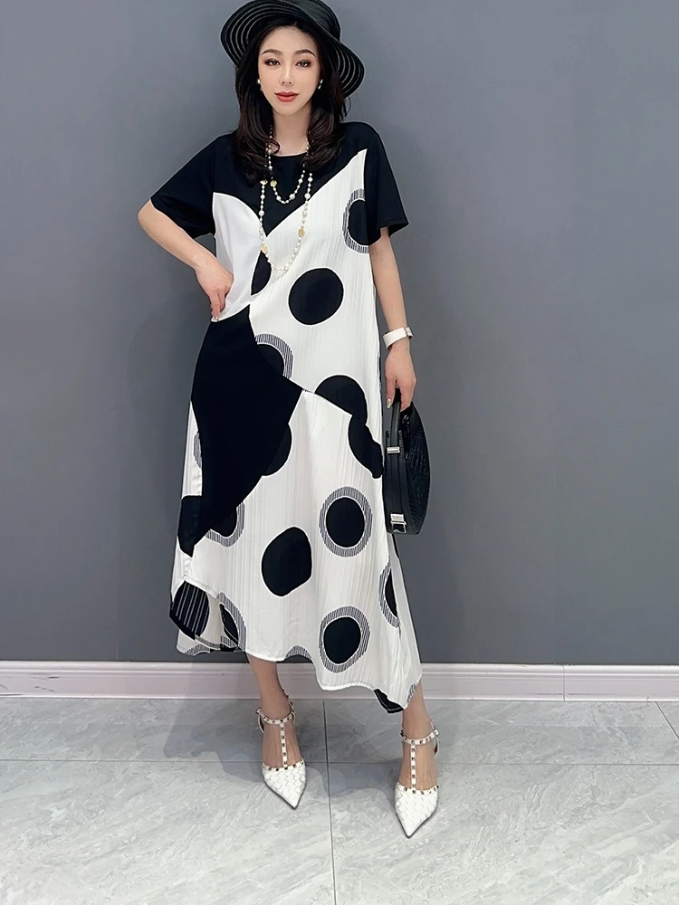 

SuperAen 2023 Summer New Korean Fashion Polka Dot Color-block Dress Short Sleeve Patchwork Long Dress for Women