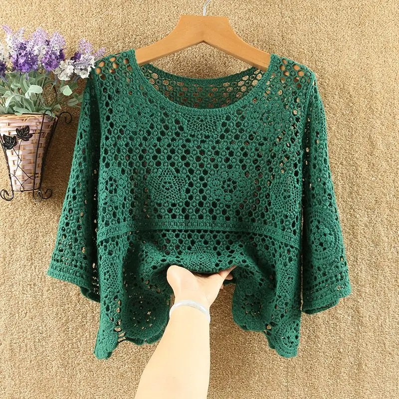 

Women's Spring Summer Knitted Crochet Solid Color Hollow Jacket New Fashion Loose O Neck Five-point Sleeve Handmade Top Female