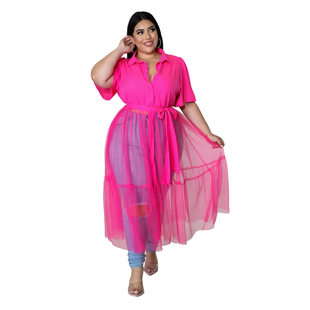 Plus Size Women's Dress 2023 Summer New Women Solid Color Shirt Mesh Large Top Dress Fashion Short Sleeve Casual Female Clothes