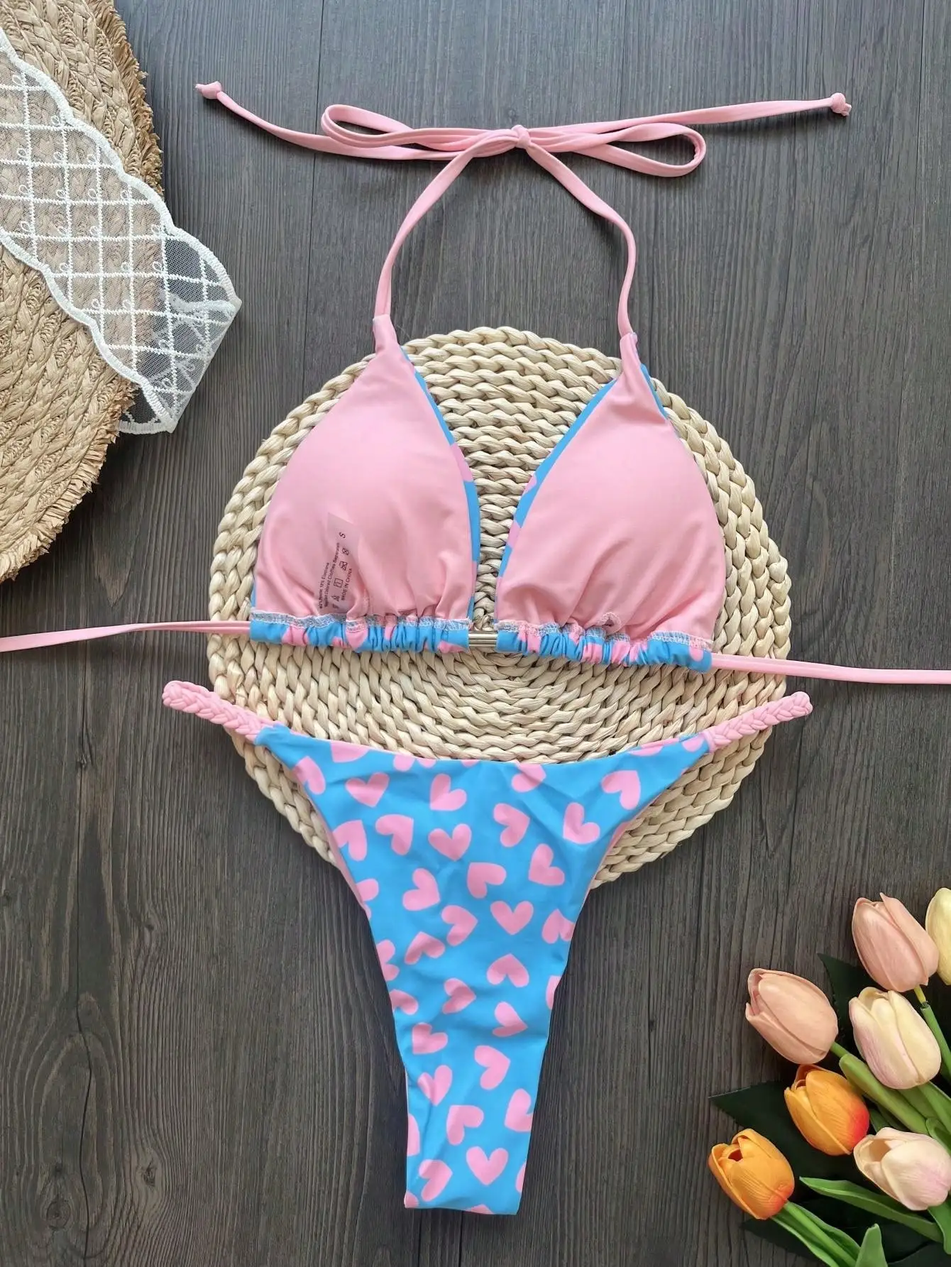 Купальник-бикини женский треугольный с принтом и лямкой на шее