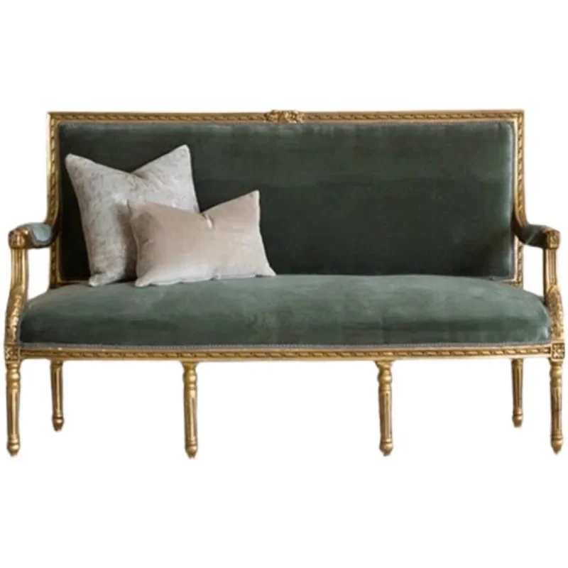 Французский Ретро-диван с резьбой по дереву и цветком золотистый старый двойной