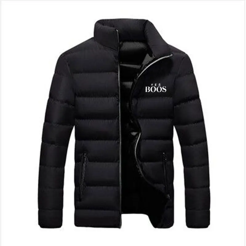 Solid color printed stand collar men's windproof cotton pad down jacket thick men's new warm parka jacket winter casual men's