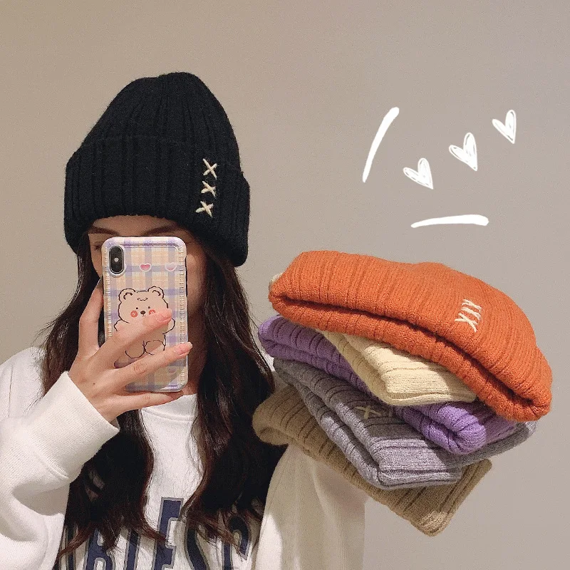 

Лидер продаж зимняя женская шапка Tiktok на осень универсальная Корейская утолщенная теплая вязаная шапка с защитой ушей оранжевая шапка для ...