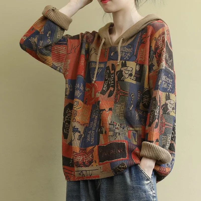 

Girls Literary Retro Knitted Sweater Women Loose Print Cartoon Pattern Hooded Collar Long Sleeve Jumpers Coat Female 2023 Spring
