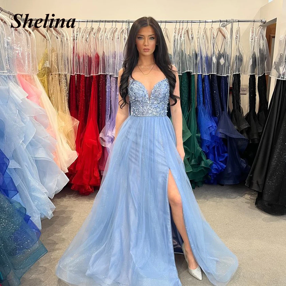 

Shelina Luxury Sequins Beads Slit A-line Prom Dresses V-neck Spaghetti Straps Backless Court Train Robes De Soirée Customized