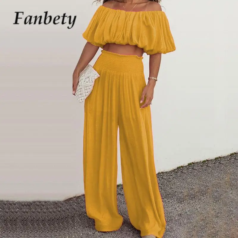 

High Waist Straight Leg Pants Beach Set Summer Short Sleeve Off Shoulder Tops 2 Piece Set Pleated Solid One Shoulder Women's Set