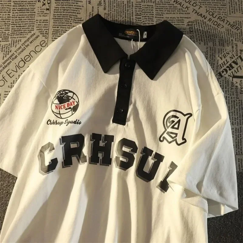 

Pure Cotton American Retro Short Sleeved T-shirt for Men and Women Ins Summer Polo Shirt with Loose Collar and Versatile Y2k Top