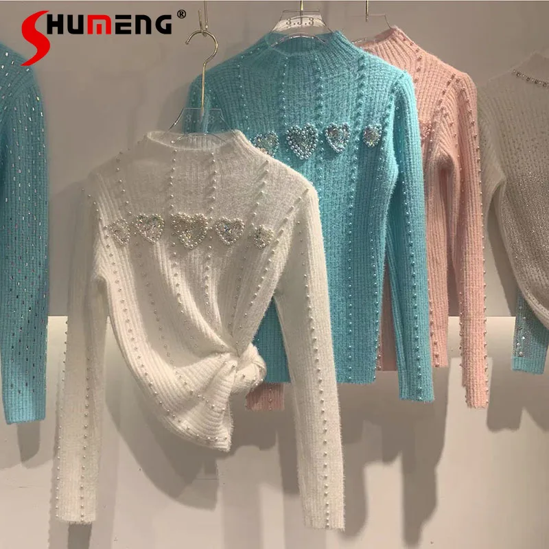 

Новинка Зима 2022, Женская милая свежая вязаная рубашка с 3D бусинами для похудения, женская модная пуловер из меха норки, свитер