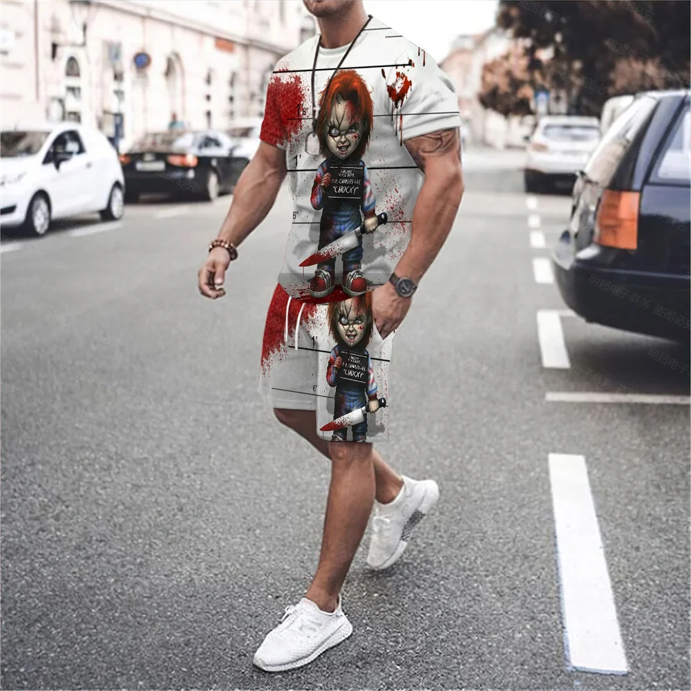 Men's Personalized Round Neck 3D T-shirt, Hip-hop Style Shorts, Diablo, Casual Sports, Punk Style, Frita Street, Two-piece Set