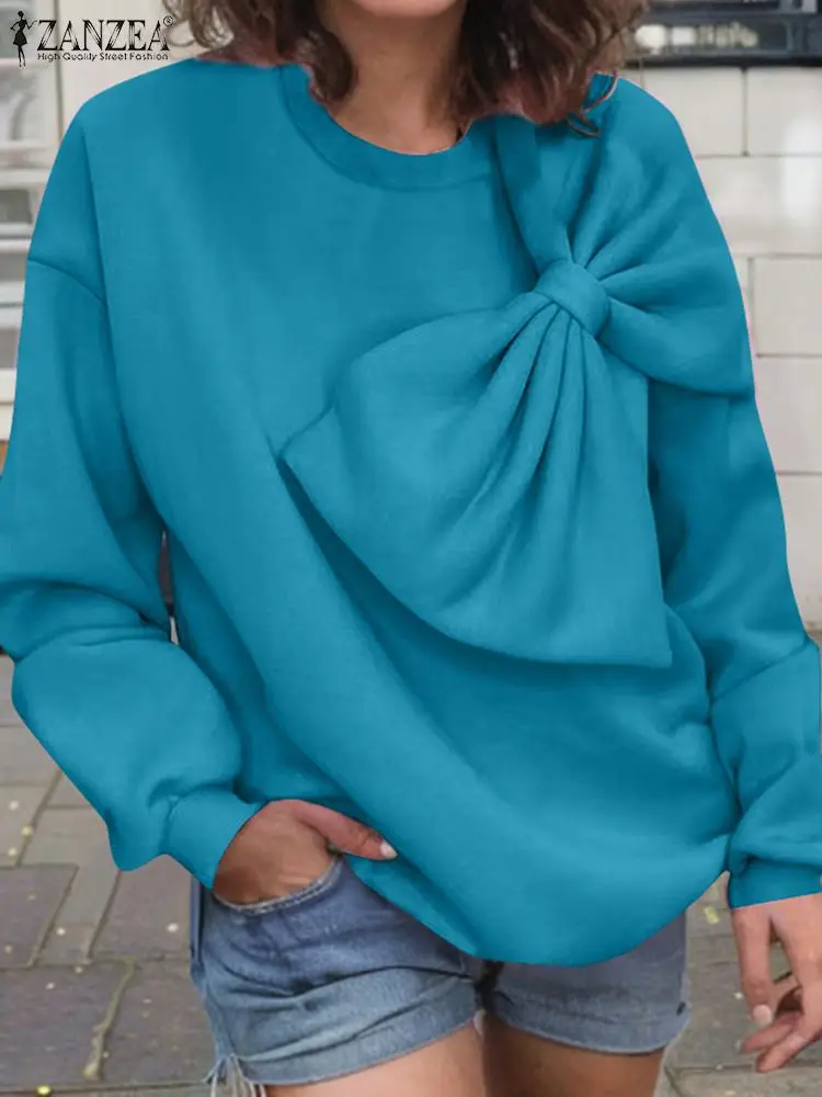 Свитшот ZANZEA женский с бантом Модный пуловер оверсайз длинным рукавом уличная