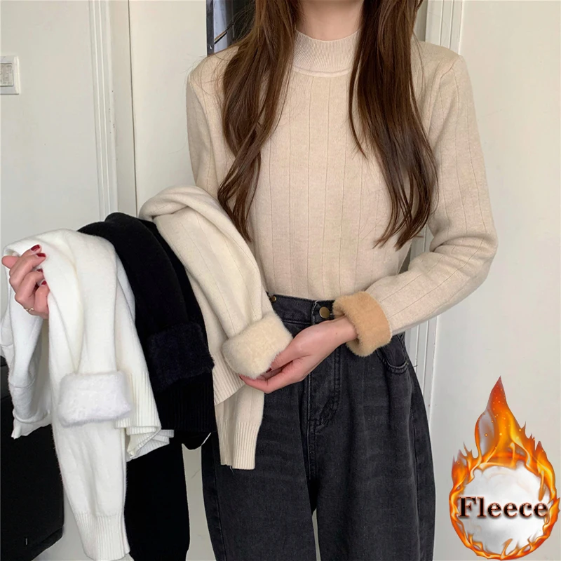 

Korean Turtleneck Slim Thicken Knitted Pullovers Woman autumn Winter Plus Velvet Sweater Casual Fleece Lined Warm Knitwear Tops