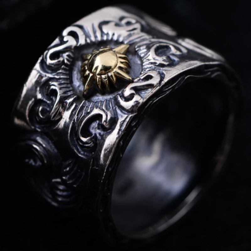 

S925 Sterling Silver Jewelry Tang Grass Pattern Sun Flower God Men's Boutique Vintage Ring New Foreign Trade Product