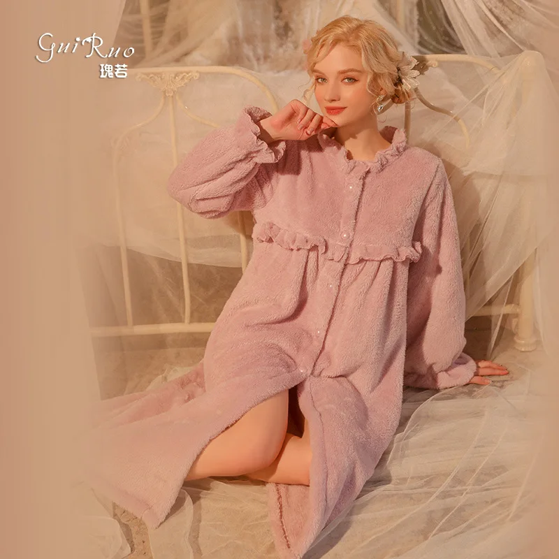 

Women Sleep Dress Flannel Warm Pyjamas Autumn Winter Thick Coral Velvet Nightgowns Ruffles Robe Long Sleeve Sleepwear Homewear