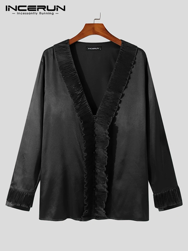 INCERUN Tops 2023 New Men's Ruffled V-neck Blouse Fashion Casual Male All-match Solid Comfortable Long-sleeved Loose Shirt S-5XL