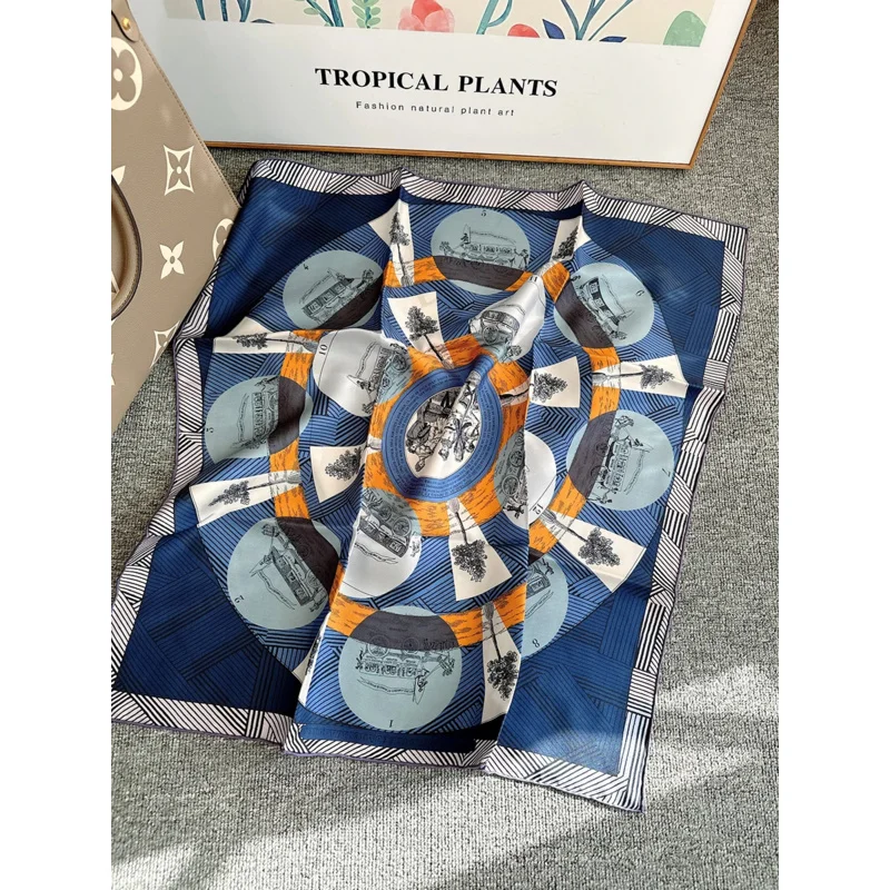 Темно-синий головной платок 7070 фирменный маленький шарф H с логотипом женский