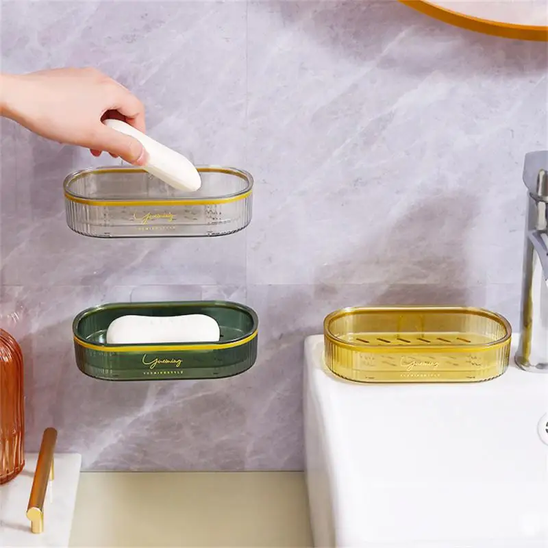 

For Soap Dish Tray Drain Soap Box Punch-Free Wall Hangable PET Soap Box Light Luxury Drain Storage Rack Household Creative