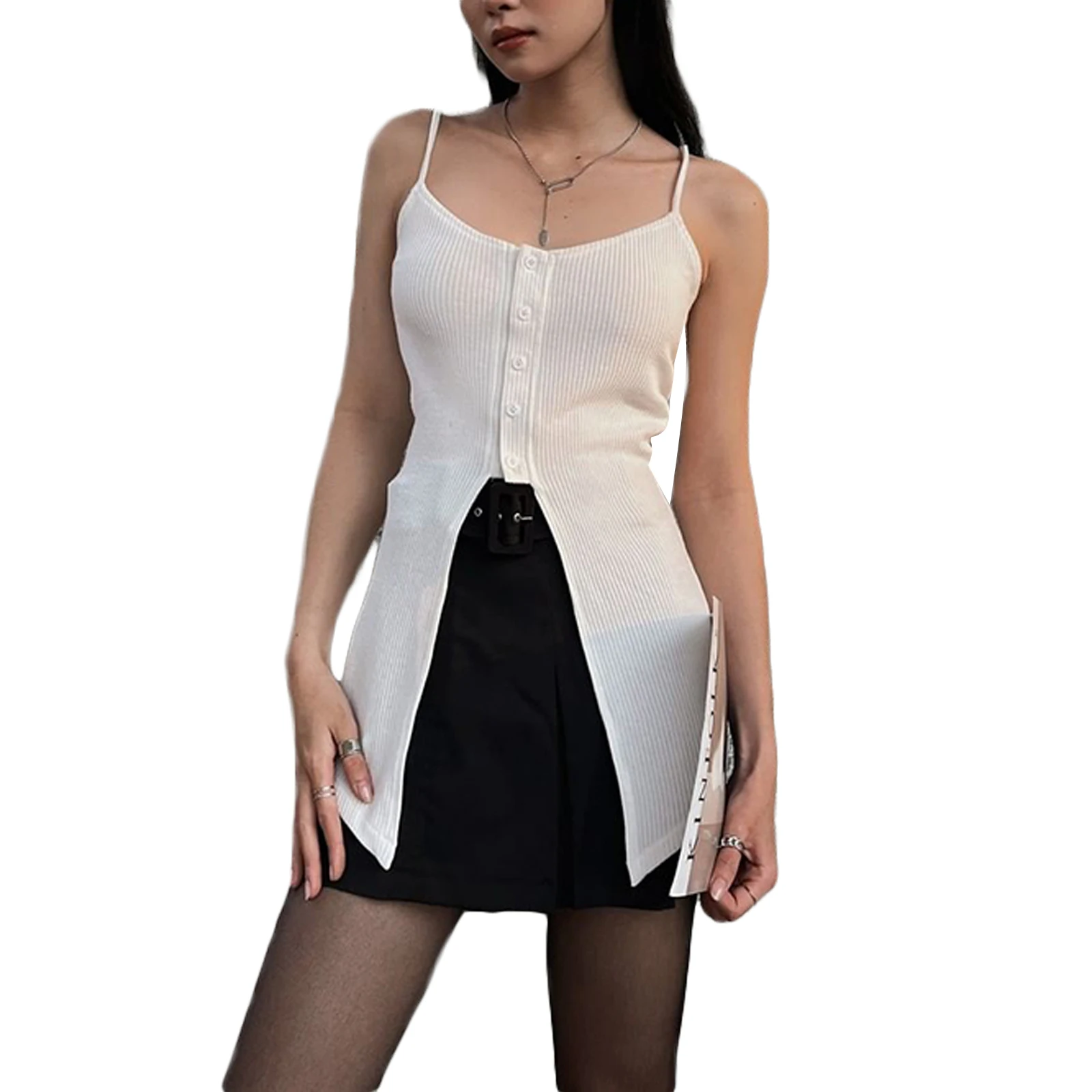 

Women's Camisole, Casual Solid Color Sleeveless Front Slit Button Spaghetti Strap Sling Tops