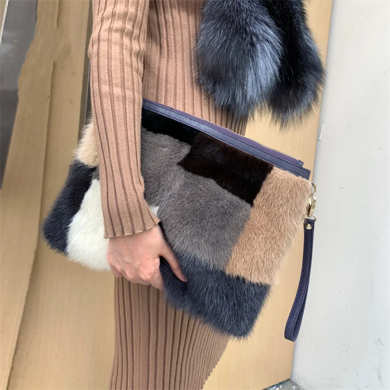 

Designer Female Fox Fur Tramp Shoulder Bag Winter Furry Women's Tote Handbag Fashion Women's Shopping Handbag New