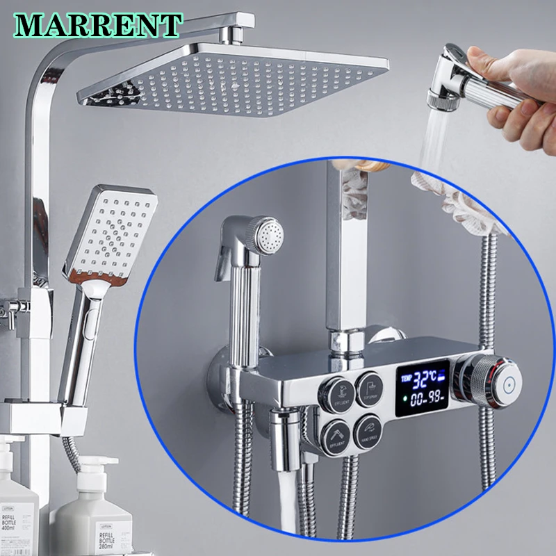 

Press Handle Thermostatic Shower System Set Polished Chrome LED Bathroom Mixer Faucets Smart Chrome Bathroom Digital Shower Set