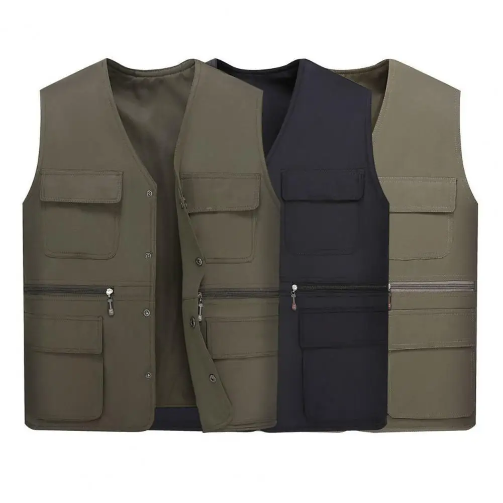 

Stylish Photograph Waistcoat Male Men Cargo Vest V Neck Pure Color Inner Pockets Cargo Vest Streetwear