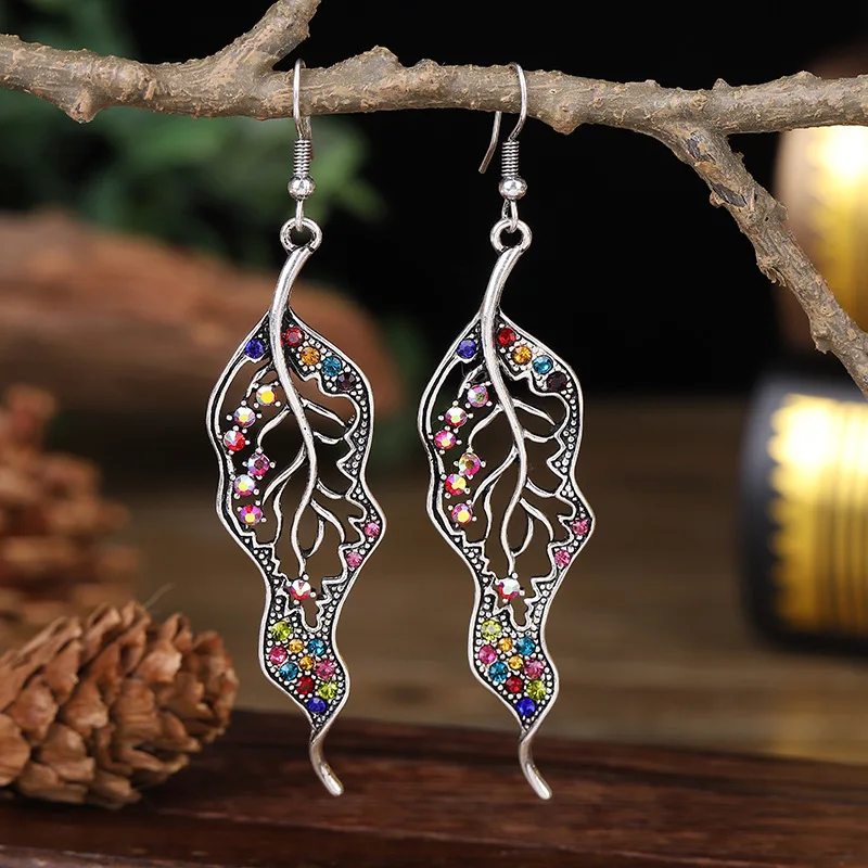 

Ethnic Leaf Tibetan Silver Color Rhinestones Dangle Hook Earrings For Women Earring Jewelry Gift