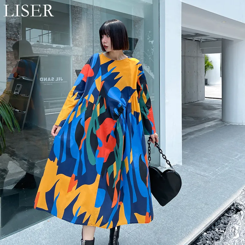 

Fashion Print Street Style Long-Sleeved Dress Women'S 2022 Spring New Loose And Thin Large Size Round Neck A-Line Dress LL842