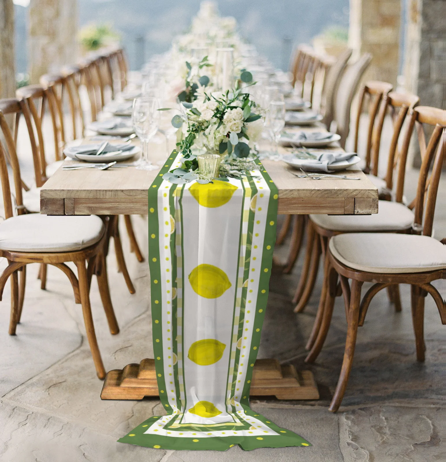 

Lemon Fruit Polka Dot Lattice Sheer Chiffon Table Runner Country Wedding Party Birthday Tulle Voile Table Cloth Home Decoration