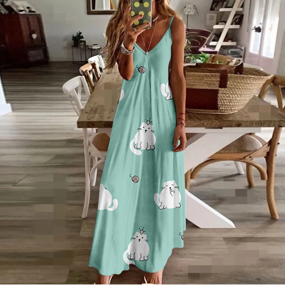 

Cross Border New Women's Cat Graphic Print Slim Slip Dress