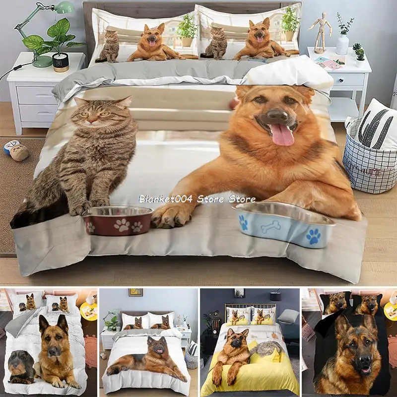 

German Shepherd With Cat Duvet Cover Single Queen King Animal Luxury Dog Bedding Set For Kids Adult Euro Size Bedcloth