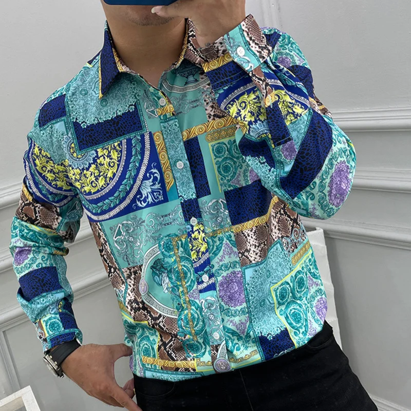 

Long Sleeved Men's Large Fashion Label High Level Mature Light Luxury Versatile Drape Personalized Printed Casual Shirt