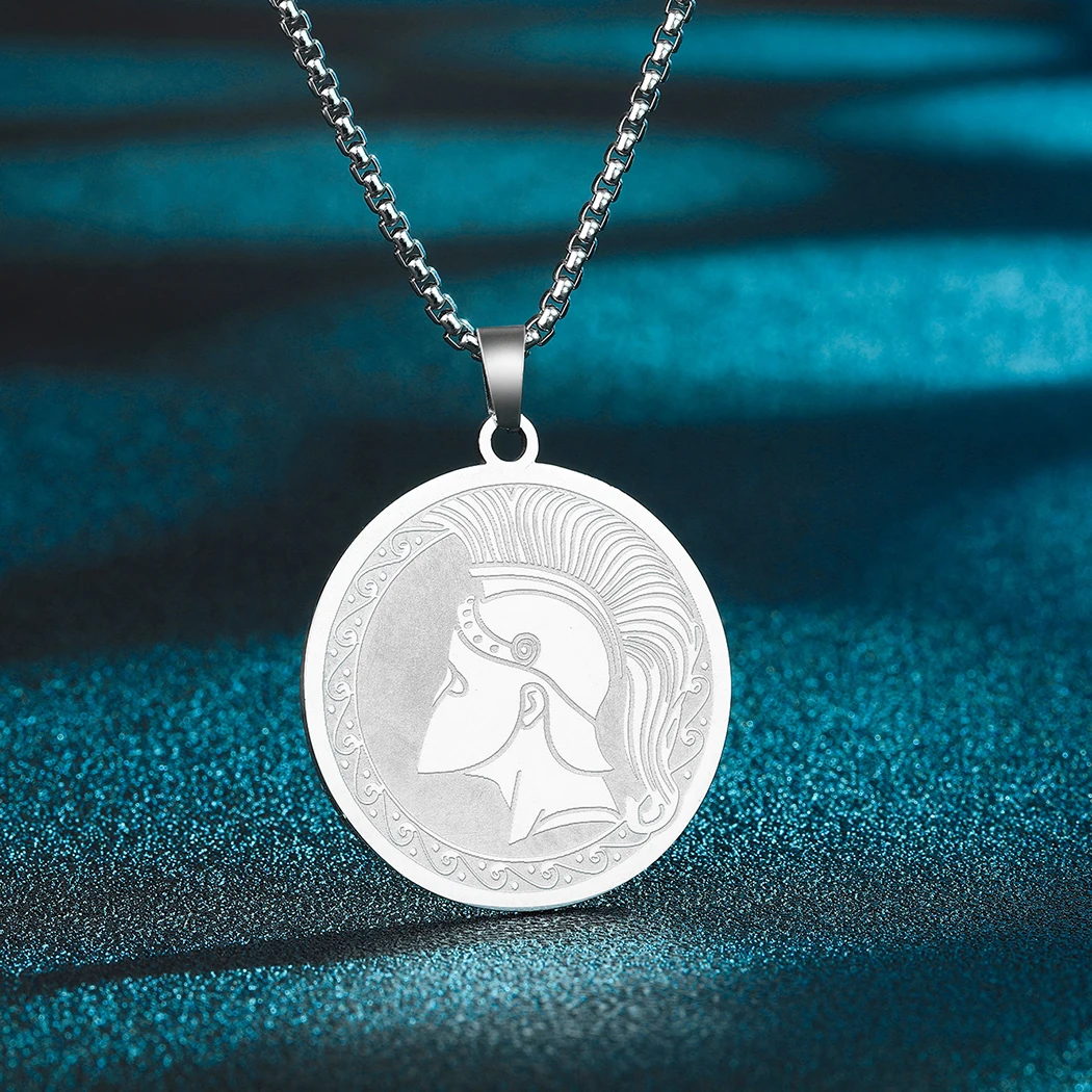 

Chereda Stainless Steel Men Necklace Coin Medal Necklace Choker Spartan Helmet Necklace Warrior Charm Pendant Greek Necklace