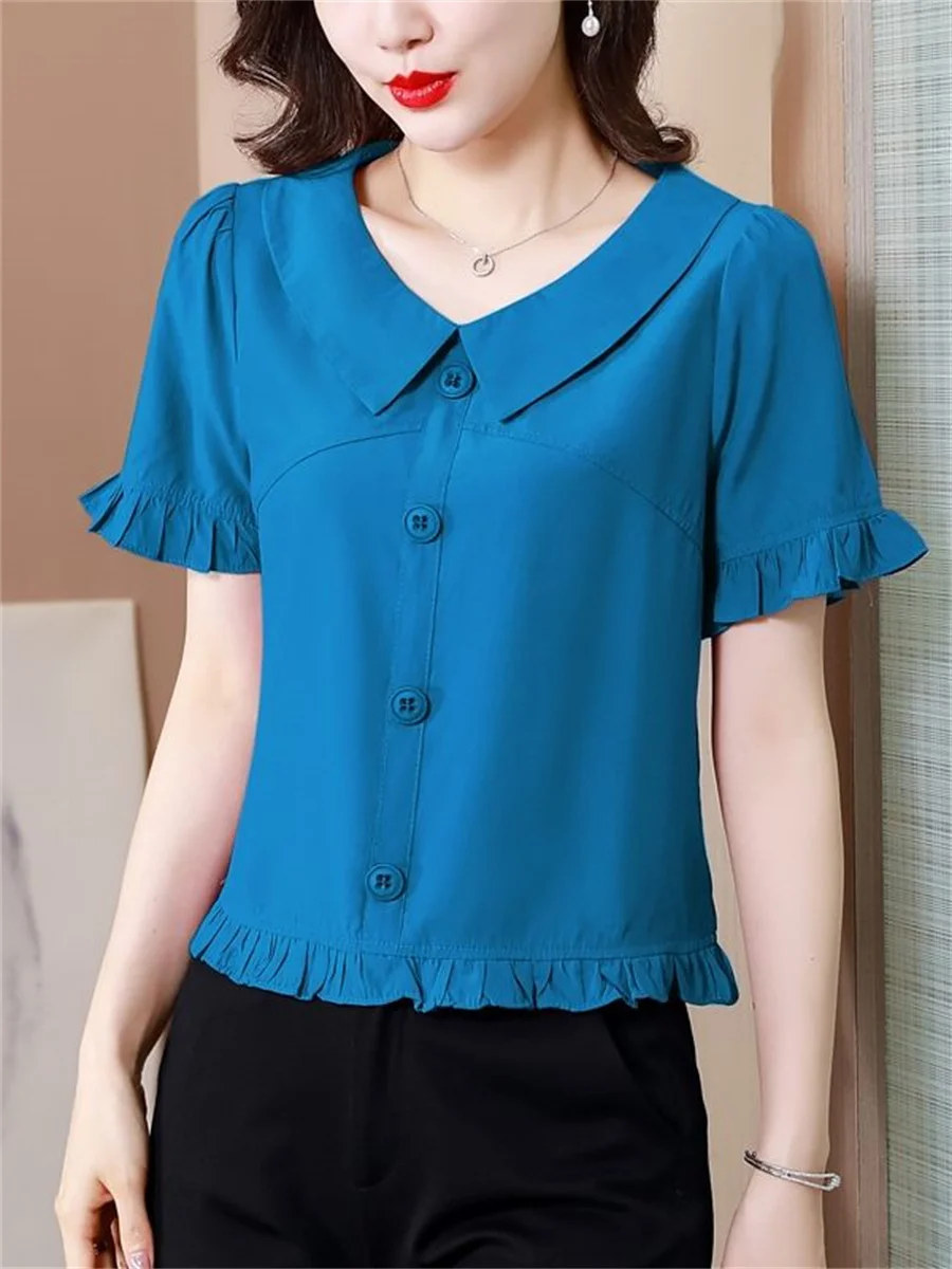 

4XL Women Spring Summern Blouses Shirts Lady Fashion Casual Short Sleeve Turn-down Collar Solid Color Blusas Tops TT2456