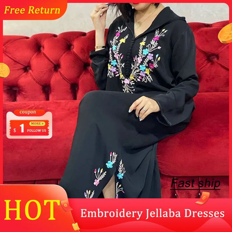 

Riched Long Dress Kaftan Jellaba Embroidery Floral Dubai Hijab Women 2022 Summer Fashion Hooded Elegant Maxi Dresses