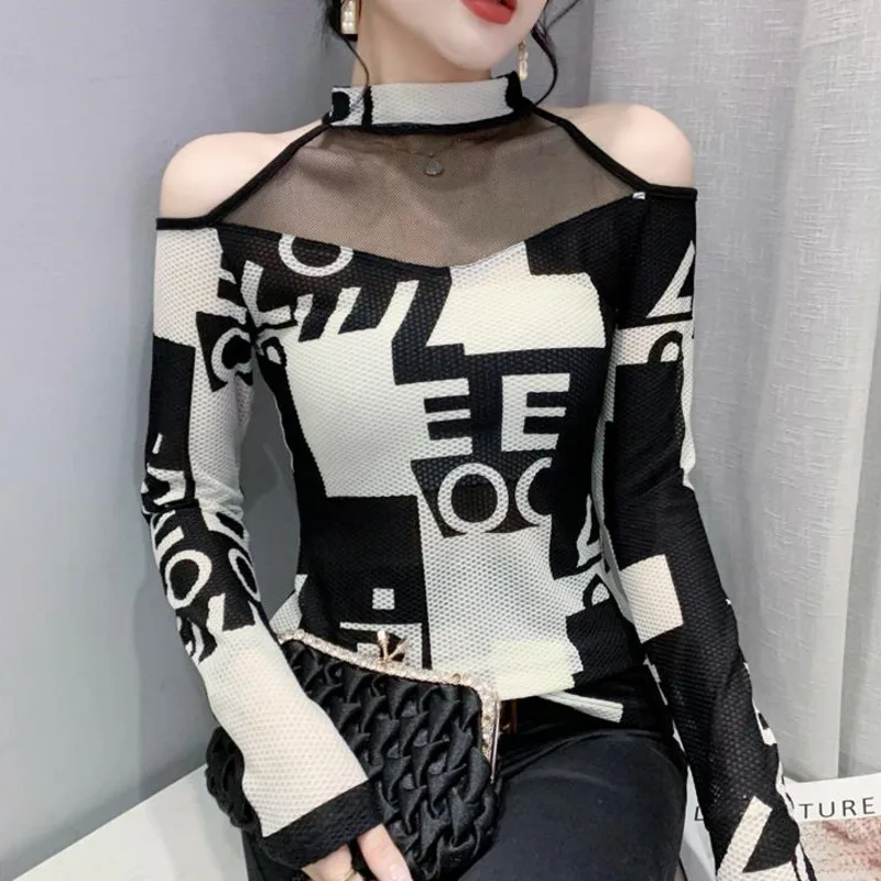 #8044 Сетчатая футболка с принтом Женский Топ длинным рукавом и открытыми плечами