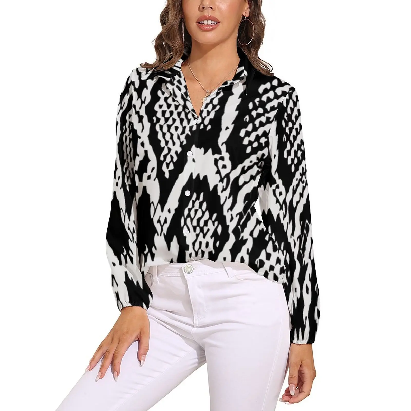 

Black Snakeskin Texture Blouse Long-Sleeve Toxical Large Cobra Boa Vintage Blouses Female Casual Oversized Shirts Print Clothes