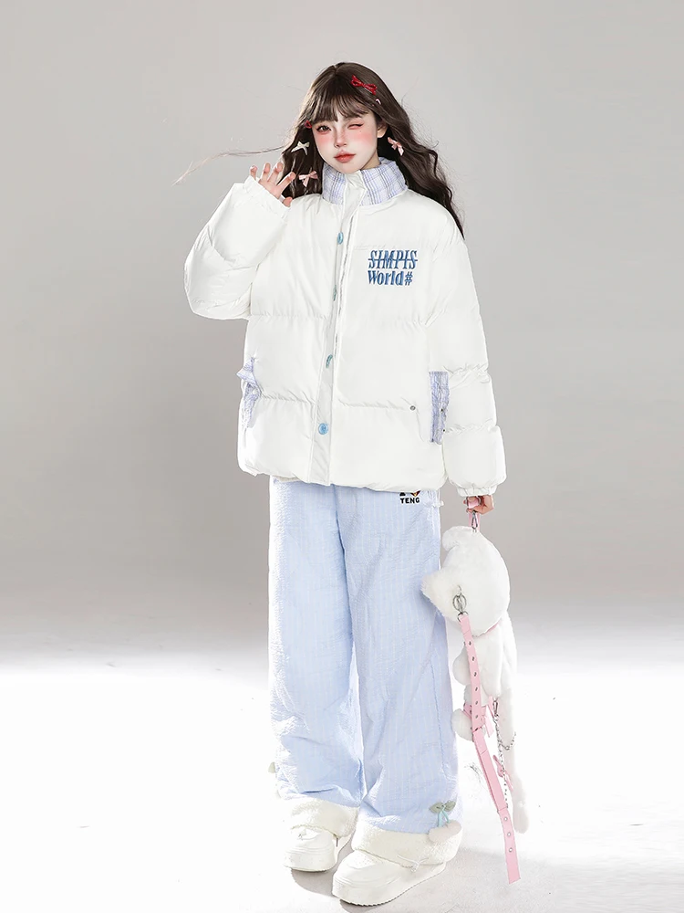 Корейская милая вышитая буквенная клетчатая куртка с воротником-стойкой