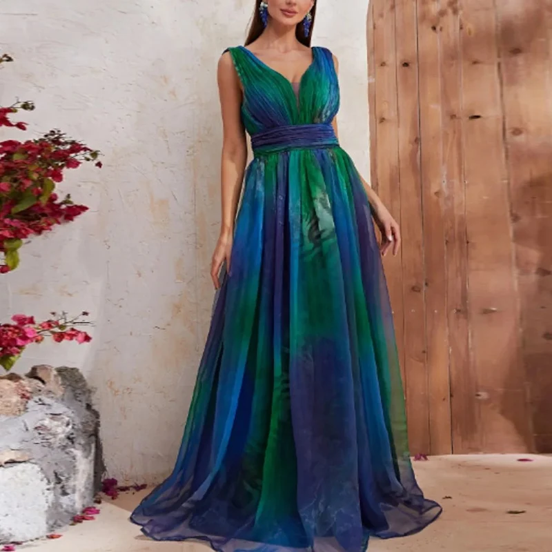 

Женское длинное плиссированное платье, элегантное вечернее платье с открытой спиной, V-образным вырезом и высокой талией, Сетчатое ажурное платье без рукавов, 2023