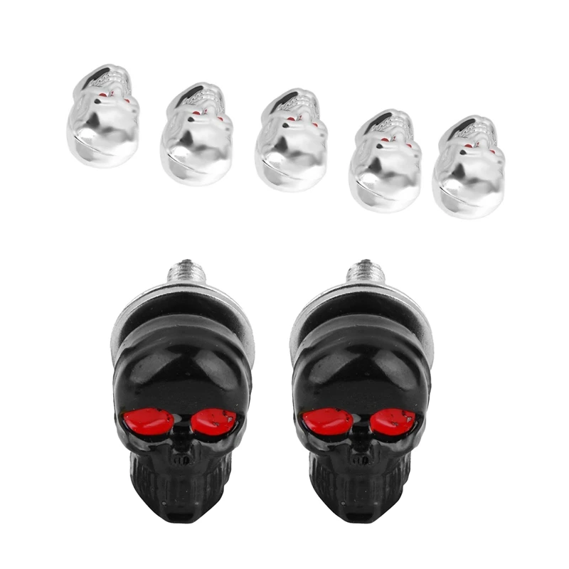

7Pcs Accessories: 1 Pair Motorcycle Skull Number Plate Frame Screws & 5Pcs Skull Car Motorcycle Wheel Tire Valve Caps