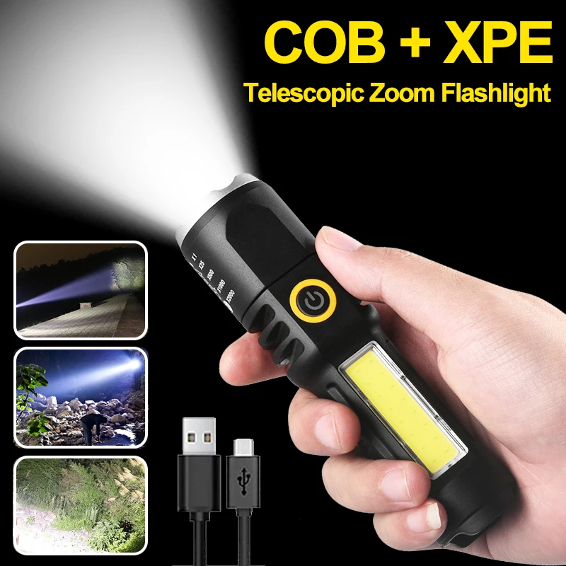 

Portable LED Flashlights USB Charging Zoomable XPE COB Torch Lamp Waterproof Strong Light Camping Fishing Emergency Flashlight