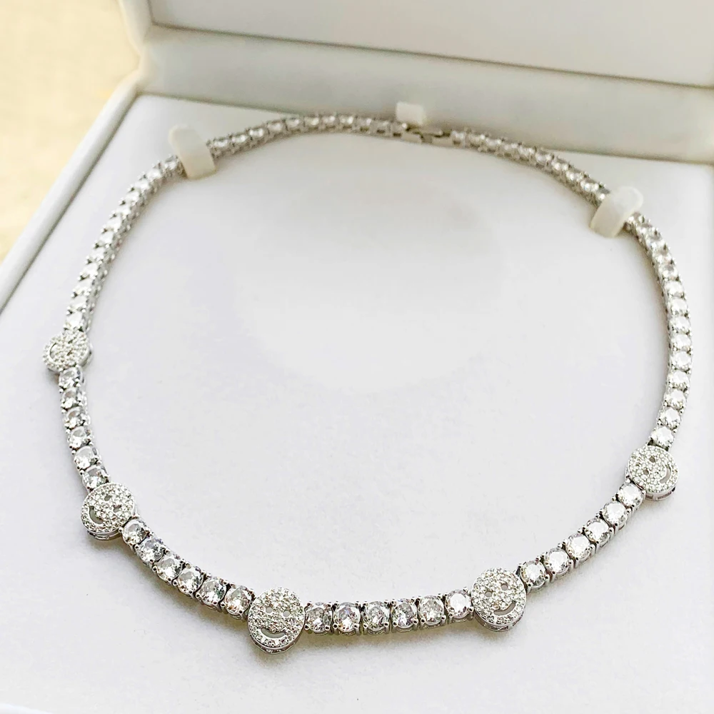 

5mm Tennis Chain with Smile Charm Necklace Iced Out Round Cubic Zirconia Paved Fashion Choker for Women