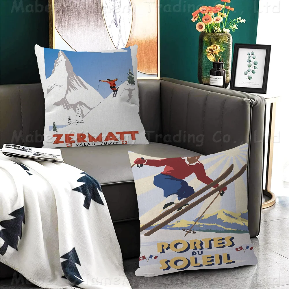 Zermatt Chamonix Skiing Art Cushion Cover Pillowcase Upholstery Sofa Throw Pillow Home Decor Pillowcas