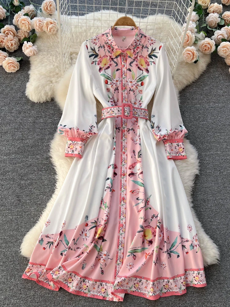 

LY VAREY LIN New Spring Autumn Print Floral Long Dress Women Elegant Single Breasted A-line Dress with Belt Fashion Slim Dress
