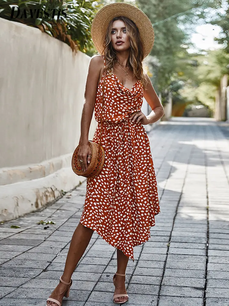 

2023 Summer Floral Dress Women's Summer Sundresses Casual Polka Dot Waist Slimming Loose Suspender Dress Beach Outfits for Women