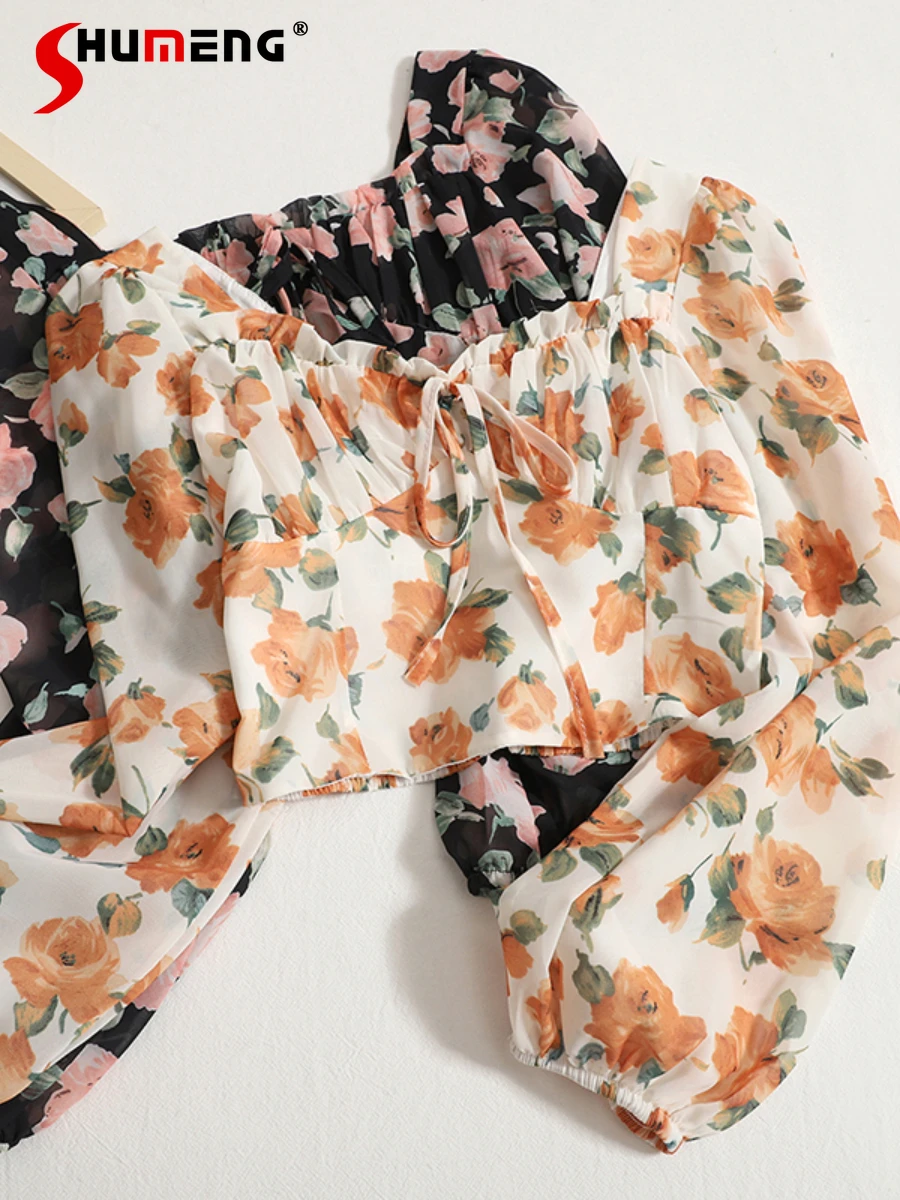 

Floral Tie-Neck Square Collar Long Sleeve Shirt Women's 2022 Autumn New Fashion Sweet Puff Sleeve Short Chiffon Blouses Top
