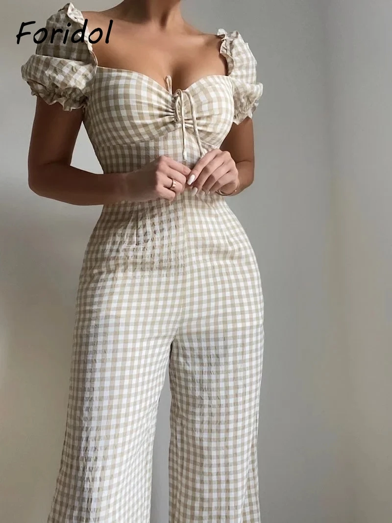 

Foridol Long Pants Plaid Vintage Off Shoulder Jumpsuit Women Casual Khaki Summer Ruched Bowknot Elastic Bust Overall Female