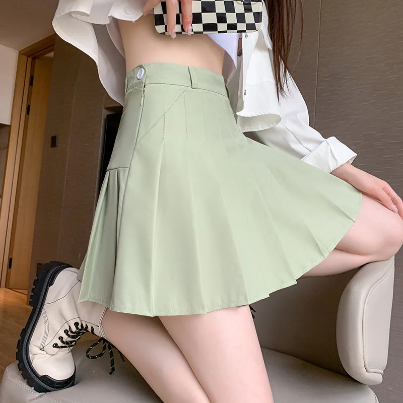 Pleated skirt preppy style girl spring and summer anti-walk high-waist A-line skirt i autumn and winter thin short skirt