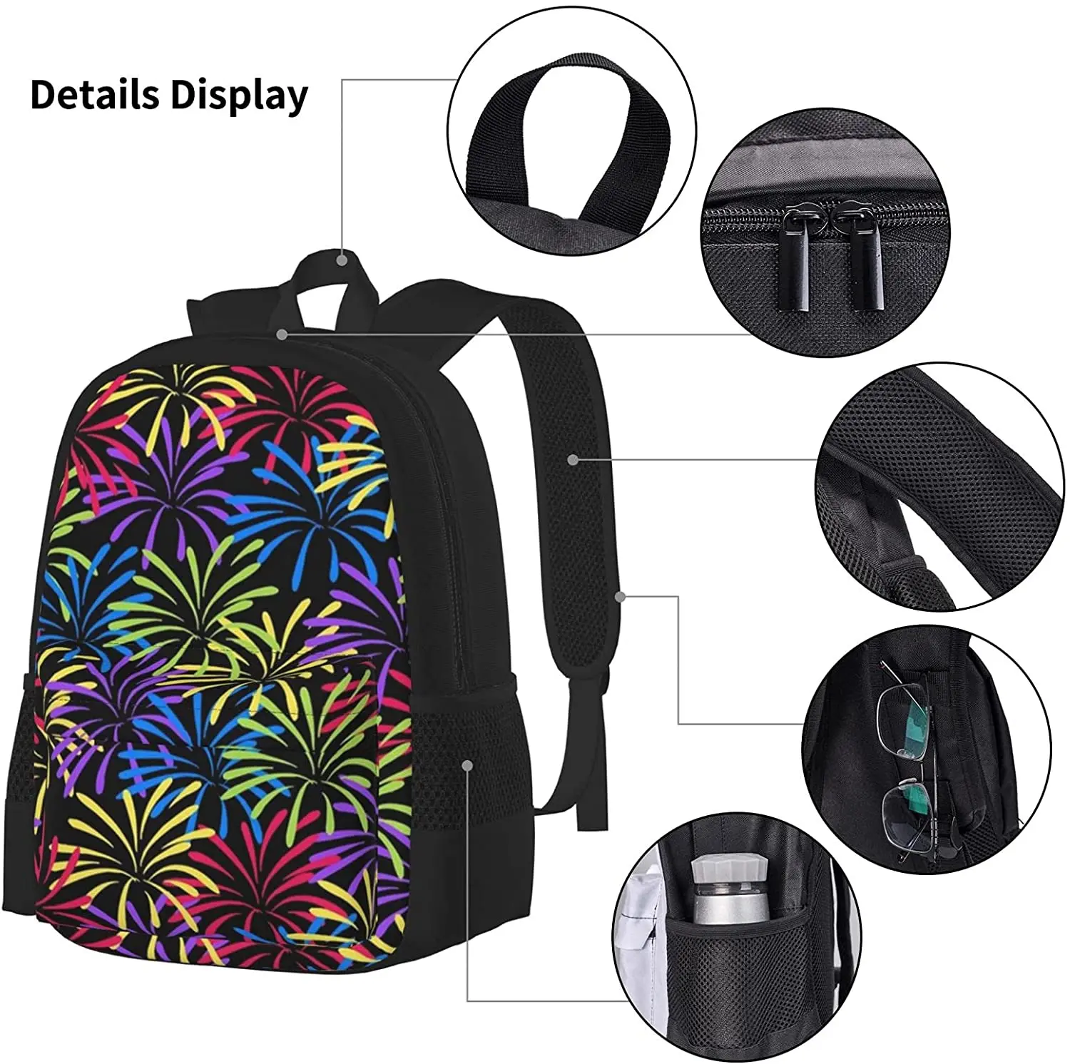 Fireworks Splash Backpack Set 3-Piece Teen Boys Girls Backpack Messenger Lunch Bag Pencil Case Set