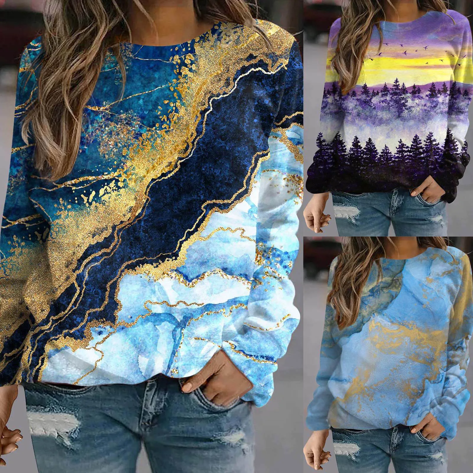 

Women Color Print Loose Pullover Tops Round Neck Casual T Shirt Long Womens Plain Pullover Hoodies Fleece Hooded Pullover Women