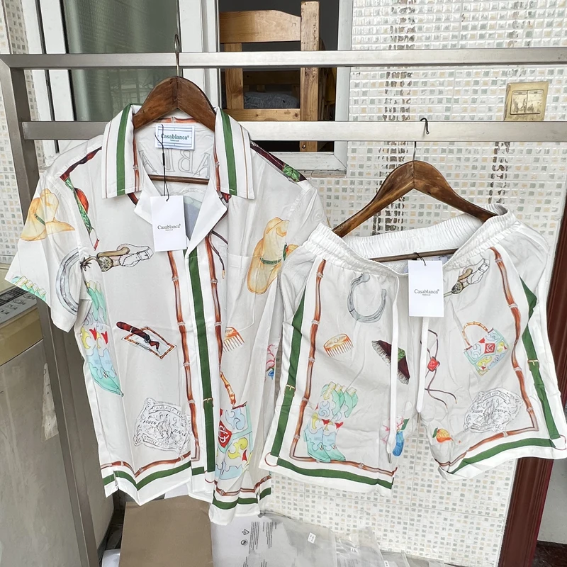 Brown Horsehead Print CASABLANCA Thin Silk Mesh Shortpant Shirt Short Set Men Women Hawaiian Beach TENNIS CLUB Seaside Surf Suit